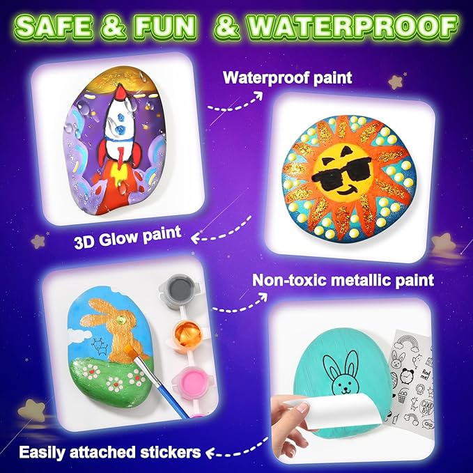 Rock Painting Kit for Kids - Glow in The Dark, Arts and Crafts Gift for Boys Girls Ages 4-12, Craft Kits Art Supplies for Kids Activities, Creative Art Toys Age 4, 5, 6, 7, 8, 9, 10, 11, 12