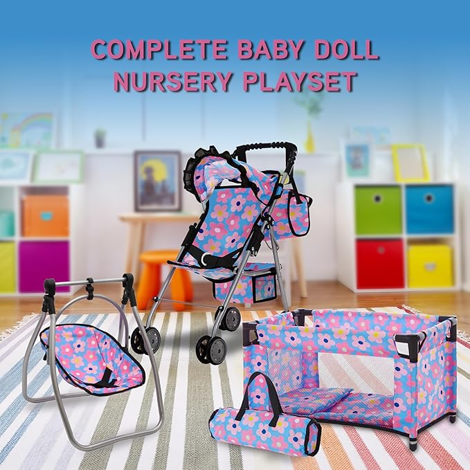 Baby Doll Stroller Bed and Swing Nursery Playset, Baby Doll Accessories Furniture Set Convertible High Chair Diaper Bag Role Play Deluxe Blue Doll Set