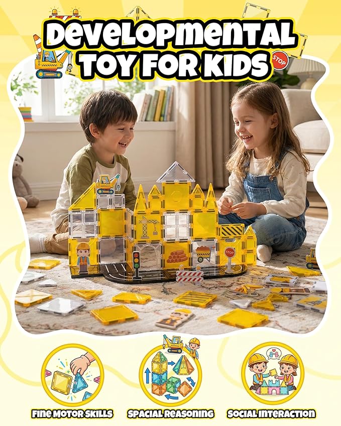 Magnetic Tiles for Kids, Construction Magnetic Building Blocks,37pcs STEM Educational Magnet Toys, Ideal Gift for Boys & Girls for Christmas & Birthday