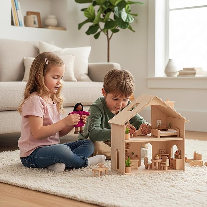 PlanToys® Girl Wooden Dollhouse Figurine | Poseable 1:12 Scale Mini Doll (4 Inch) | Dollhouse Accessories for Pretend Play | Eco-Friendly Montessori Toy for Kids Ages 3+