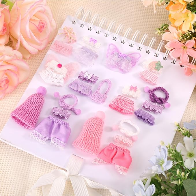 10 Sets 3in/7.5-8cm Doll Clothes Outfits, Including Tiny Tops Skirts Pants Hats Scarfs Wings Small Doll Fashion Accessories Mini Baby Costume for Display & Decoration (Pink, Purple)