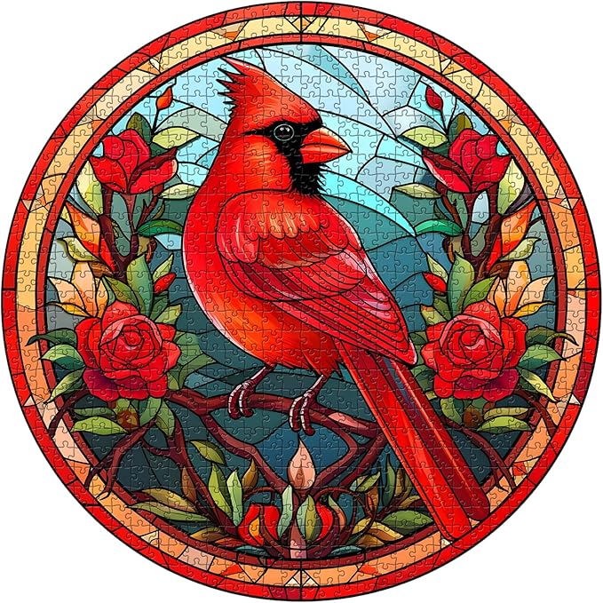 Stained Glass Puzzle Bird Puzzles for Adults 1000 Pieces, Round Cardinal Bird Flower Puzzle, Impossible Hard Challenging Puzzles for Adults, Colorful Stained Glass Jigsaw Puzzle as Wall Art Decor