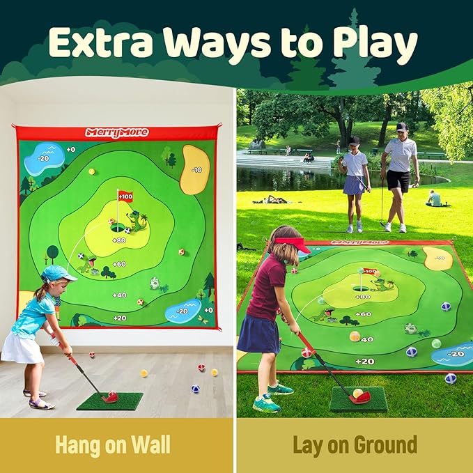 Golf Chipping Game Set: Large Chipping Mat, 1 Adjustable Club, 20 Sticky Balls, Indoor Outdoor Golf Practice Training Toy Gift for Kids Adults, Family Yard Target Game