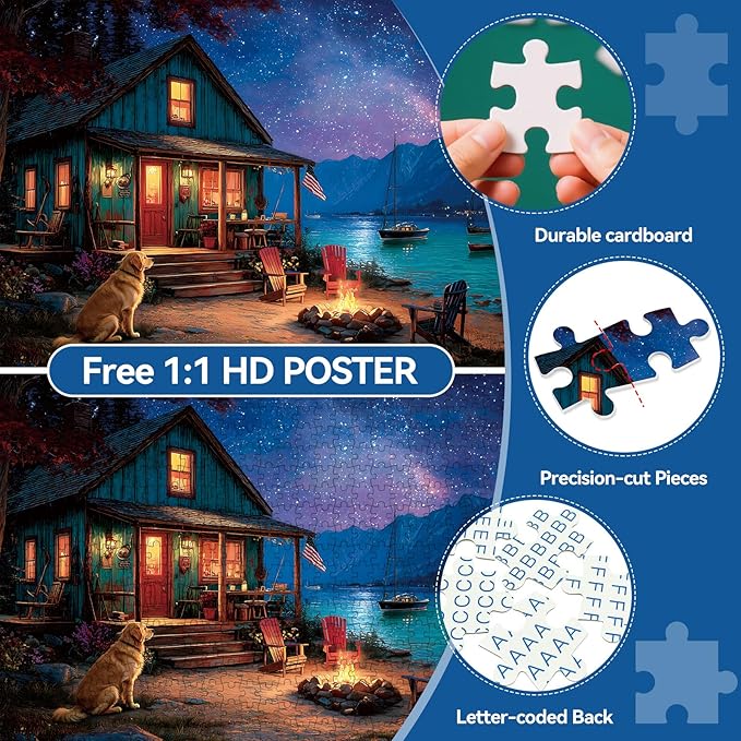 500 Piece Puzzle for Adults, Summer Starry Night Campfire Cottage Jigsaw Puzzle, Challenging Perfect for Game Nights, 20.5 X 15 in