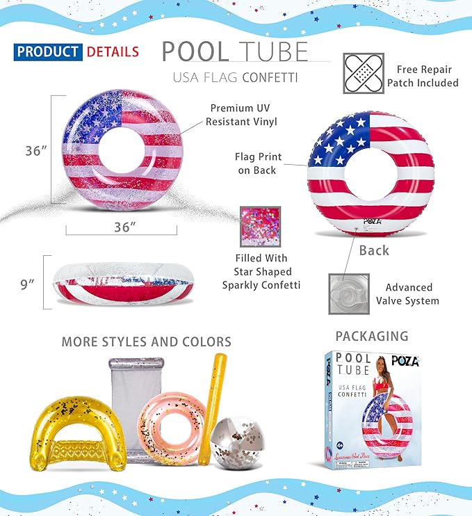 POZA Inflatable USA Pool Float - Luxurious Fun Lounger Filled with Sparkle Silver Stars Confetti, Cool USA Flag Design Water Swimming Pool Floaties for Beach, Lake & Pool