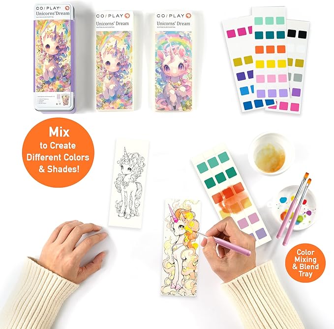 COIPLAY Unicorn 648 Color Blocks Watercolor Paint Set, 52-Bookmarks, 3 Brushes, Silicone Cup, for All Ages, Travel-Friendly,No Mess, All in One Art Supplies, Birthday Gift, Christmas Gift, Craft kit