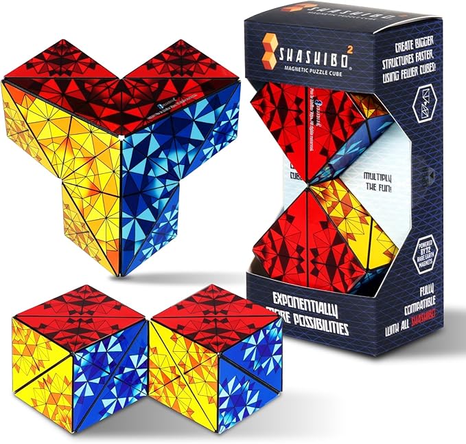 Shashibo Squared Shape Shifting Box - STEM Fidget Toy with Ultra Strong Magnets - Sensory Puzzle Cube Transforms Into 100+ Shapes, Easter Basket Stuffers Gift for Kids, Teens, and Adults (Primary)