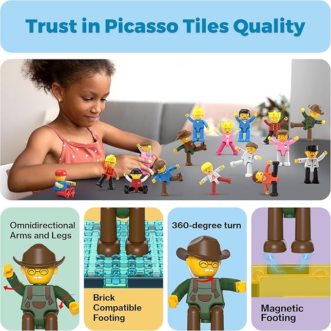 PicassoTiles 16pc Magnetic Character Figures Expansion Set Toddler Style People Compatible with Magnet Tile Building Set STEM Educational Construction Toy for Kids Pretend Play Creative Learning PTA08