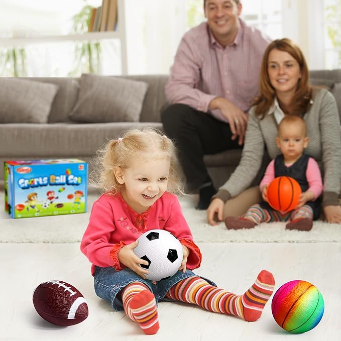 Small Sports Balls for Toddler Pack of 6, Ball Gift for Kids, 2 Each of 5" Football, Basketball, Soccer for Playground, Toy Balls Inflatable Multi-Sport Ball Set with 1 Pump
