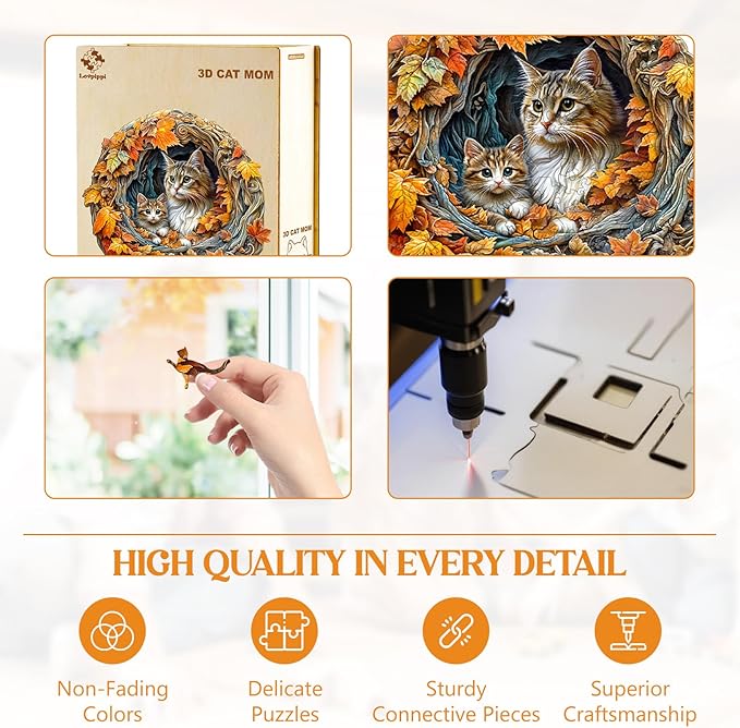 Wooden Puzzles for Adults, Mothers Day Puzzle-3D Cat Mom Wood Puzzles Adult, Unique Shaped Wooden Jigsaw Puzzle, Birthday Gifts for Friends/Family/Puzzle Lovers, Home Decor(S-8.5 * 8.3in 100pcs)