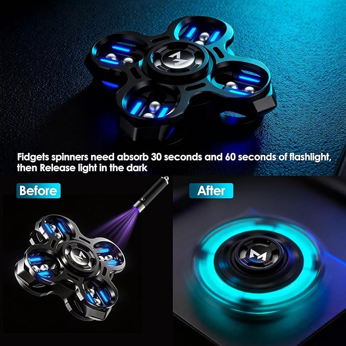 Fidget Spinners,2 in 1-Tuning Fork Fingertip Fidget Spinner Gifts for Adults Stress Anxiety ADHD Relief Fidgets, Metal Finger Hand Spinner with Luminous, Absorb Solar Light Then Release in Dark