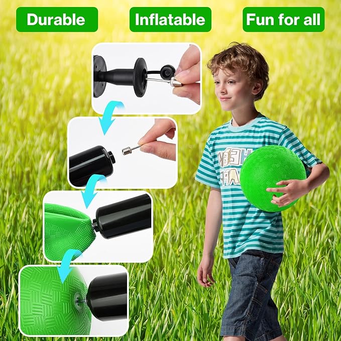 12 Pcs Dodgeballs 5 Inch Playground Ball Kickball Green Inflatable Rubber Handball Bouncy Dodge Ball with 1 Hand Pump for Outdoors Ball Games Gym Camps Picnic (Needle is at The Top of the Pump)