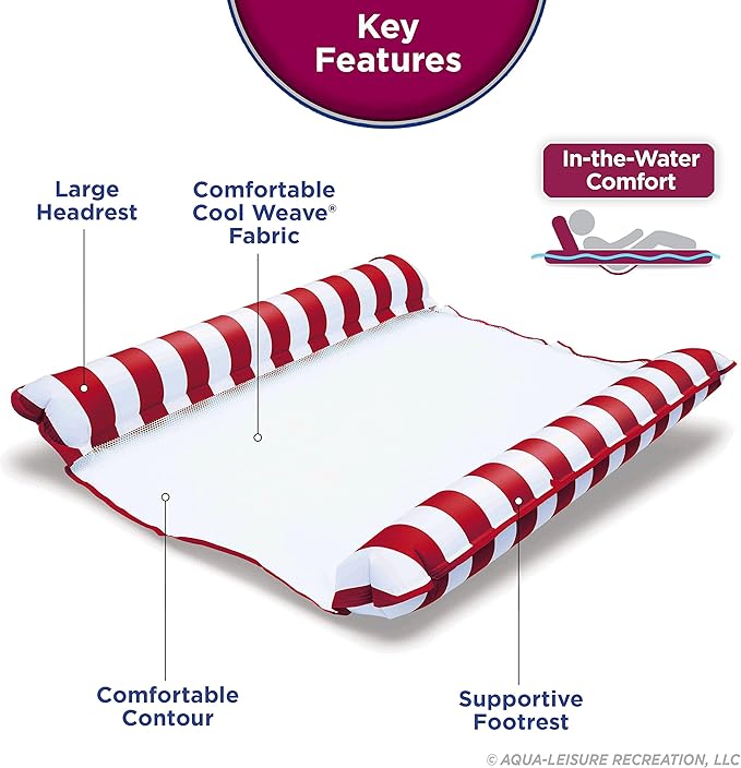 Aqua 2-in-1 Catalina XL Pool Float & Hammock – 1-2 Person, Multi-Purpose, Inflatable Pool Floats for Adults – Burgundy/White Stripe