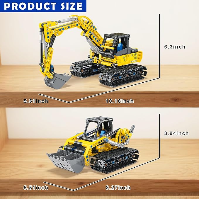 2-in-1 Excavator & Bulldozer Building Kit - 399 Pieces STEM Educational Construction Toys for Kids, Creative Birthday Gift Idea