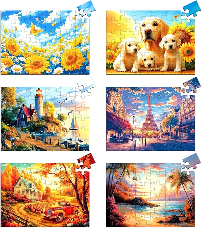 Blueforest 6 Pack Large Piece Jigsaw Puzzles for Seniors, 36 Pieces Easy Grip Puzzles with 1:1 Reference Poster, 11.8"x8.6" Dementia Puzzles for Elderly, Brain Exercise Gifts