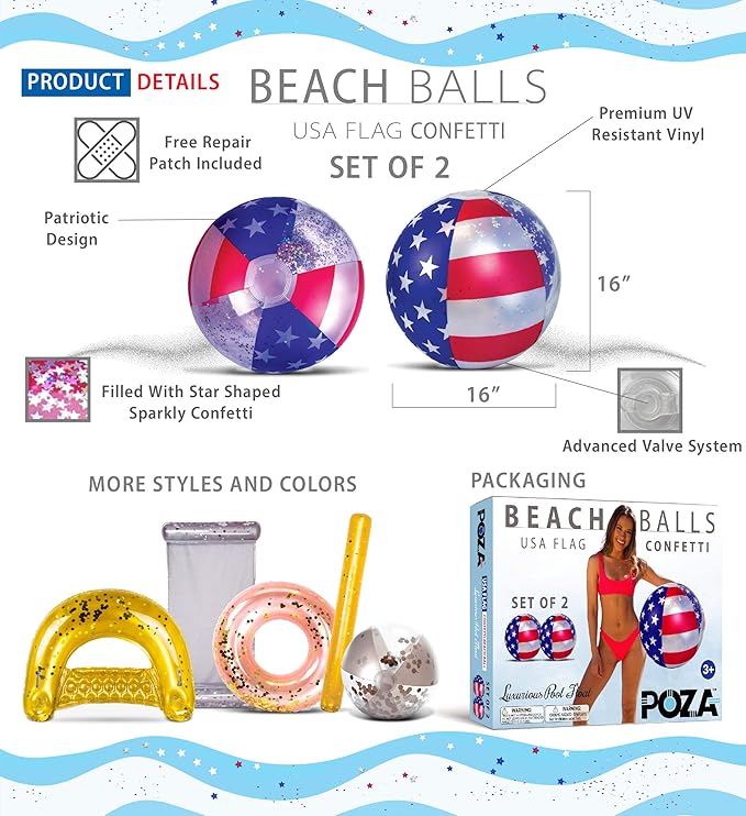 POZA Inflatable USA Pool Float - Luxurious Fun Lounger Filled with Sparkle Silver Stars Confetti, Cool USA Flag Design Water Swimming Pool Floaties for Beach, Lake & Pool