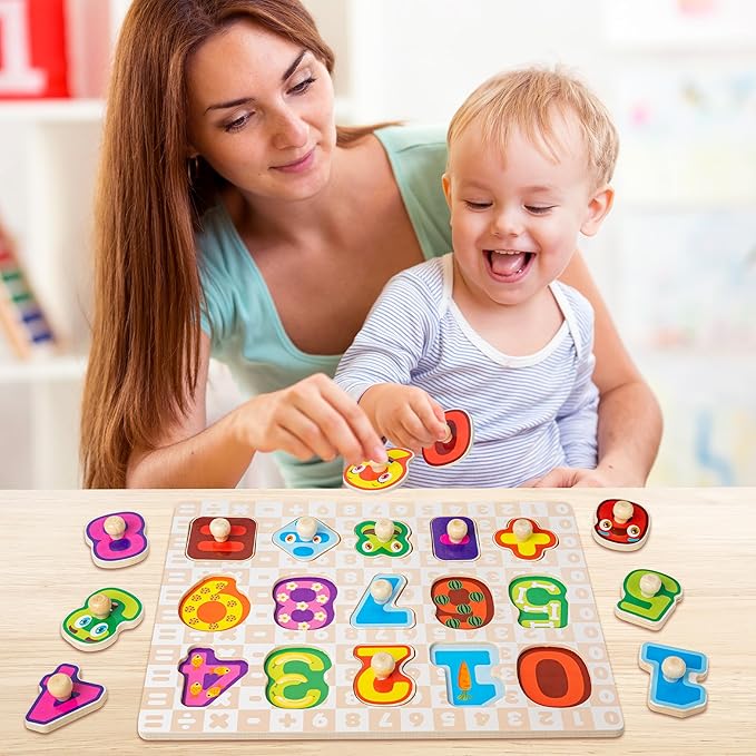 SYNARRY Wooden Puzzles for Toddlers 1-3, 6XSET Puzzles for Toddlers 2-4 with Rack, Learning Alphabet Number Shape Animal Dinosaur Vehicle, Toddler Easter Basket Stuffers Gifts Toys for Boys Girls