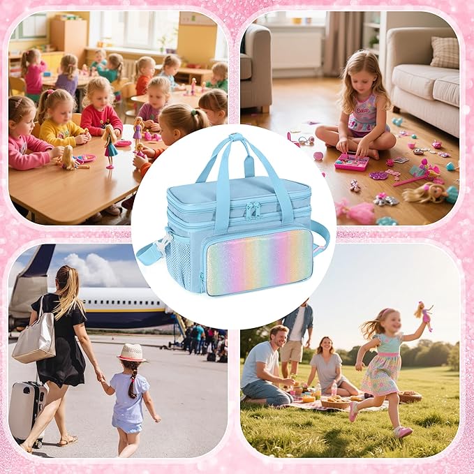 GRAOSO Carrying Case Compatible with Barbie Doll Clothes, Doll Accessories Storage Organizer, Double Layer Design, with Handle and Detachable Shoulder Strap, Case only (Blue)