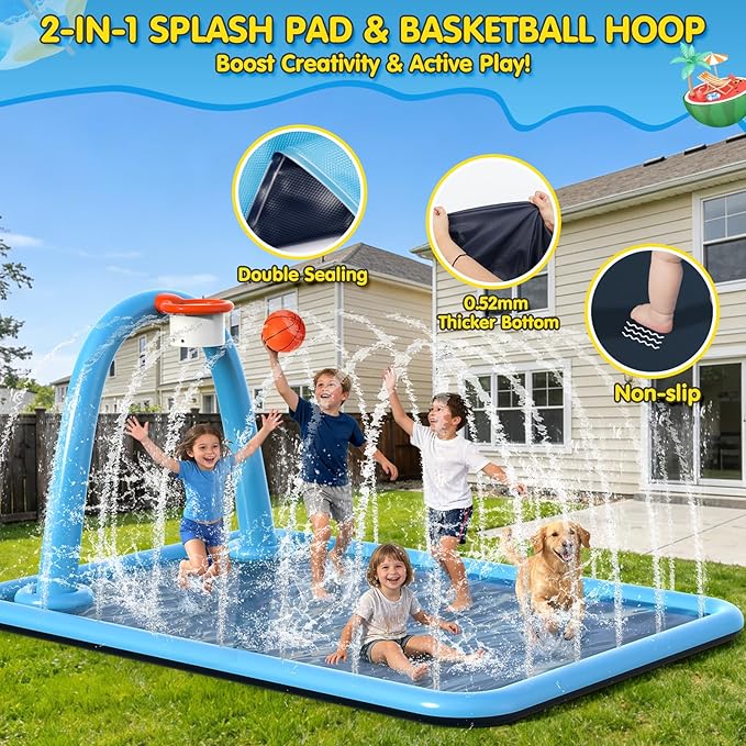 Splash Pad, 110x91'' 2-in-1 Large Sprinkler Mat with Basketball Hoop and Arch for Kids Outdoor Play, Shoot Game for Backyard, Inflatable Water OutdoorToys More Fun for Boys and Girls