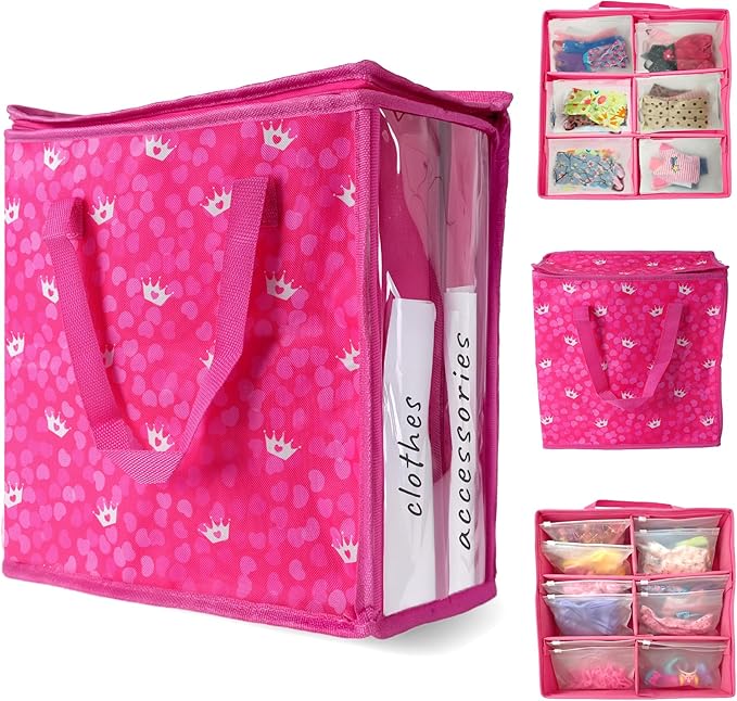 Primo Lines Doll Clothes & Accessories Storage Organizer – 3 Pink Stackable Bags with Adjustable Dividers, 100 Resealable Pouches for Doll Outfits, Shoes & Small Accessories, Waterproof & Travel-Ready