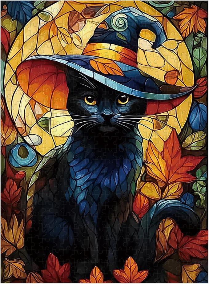 Great Jigsaw Puzzles for Adults 500 Pieces Halloween Black Cat Wooden Challenging Puzzles Gift for Friends Family Home Decoration Puzzle