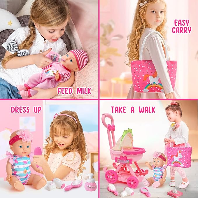 Golray Girl Baby Doll Stroller Toy Set with 12" Baby Doll & 17pcs Baby Doll Accessories Handbag/Clothes/Sunshade/Feeding Nursery Pretend Play Toy Birthday Gift for Toddler Girls 3 4 5 6 7 Years Old