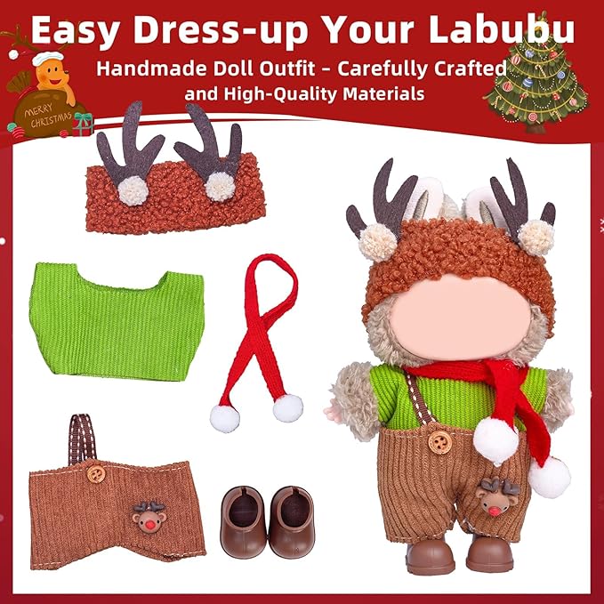 Clothes for Labubu 17cm Doll (NO Doll), 5 Piece Labubu Clothes Set, Cute Labubu Outfits with Accessories, Handmade Crochet La Bubu Doll Dress Up Set（Christmas Reindeer）