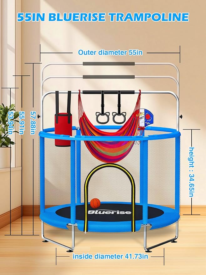 BLUERISE 55IN 6FT Toddler Trampoline for Kids Indoor Outdoor Play for Kids Trampoline Basketball Hoop Attachment with Enclosure Net Easy to Assemble