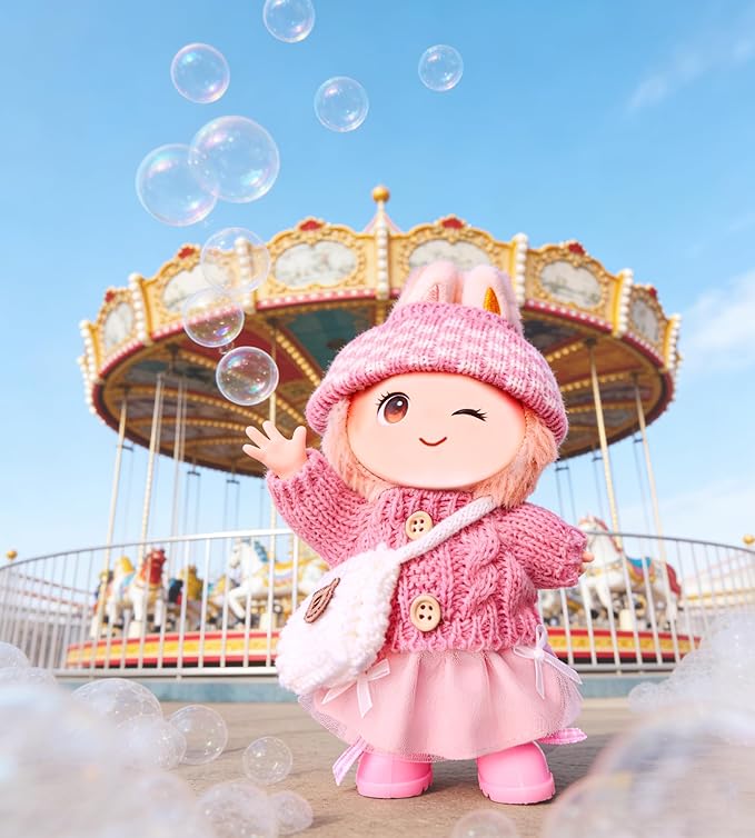 17cm Doll Clothes for Lububu,Outfits Set with Hand-Crocheted Pink Sweater, Hat, Skirt, Shoes and Bag, Designer Clothing and Accessories for Macarons Series Dolls Dress-Up(Pink Sweater Skirt)