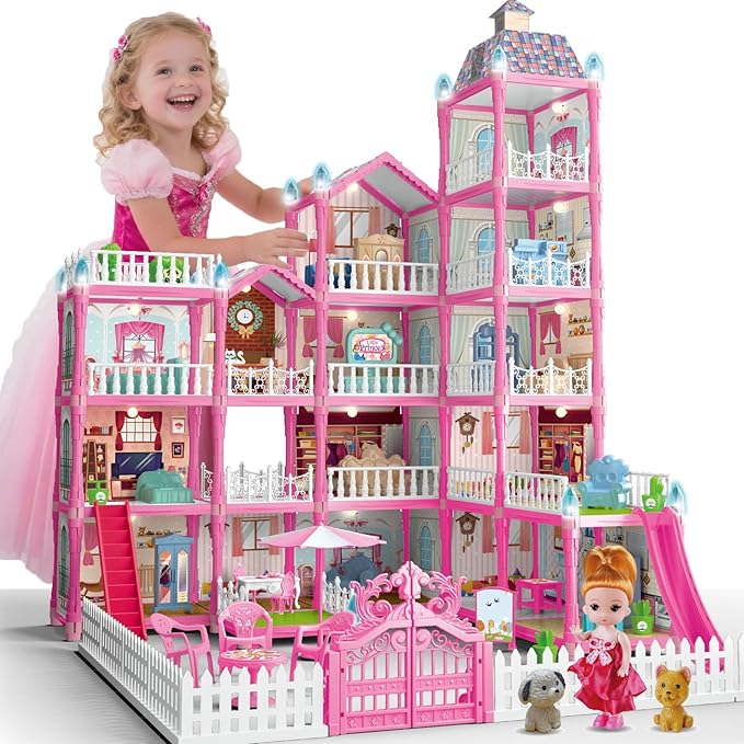 Villa Toys for Girls, 5 Stories 16 Rooms Villa Playset with Dolls, Lights, Furniture, Slide Accessories, DIY Pretend Toddlers House kit for 3 4 5 6 7 8 9 10 Year Old Kids (Pink)