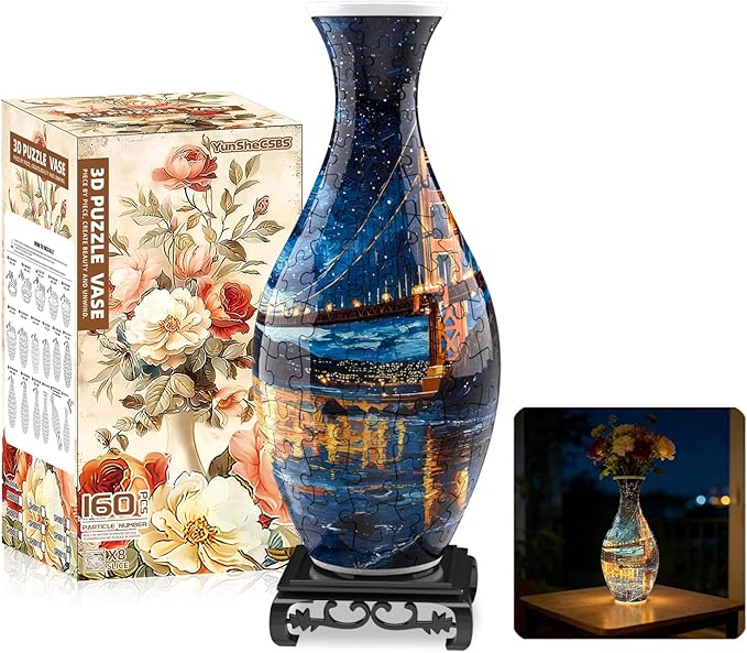 3D Puzzles Vase for Adults, Crafts for Adults, 160 Pieces Plastic DIY Unique Flower Vase with LED Light House Warming Gift Birthday Gifts for Flower Arrangements and Home Decor (Bridge)