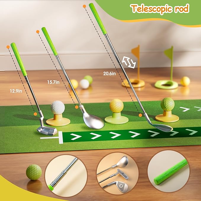 Putting Green Indoor with Toddlers Golf Clubs，Party Game with Automatic Golf Bounce Back Machine,Outdoor Training mats,Light up Balls,Gifts for 3 Year Old boy&Girl