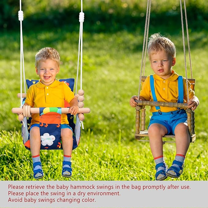 Baby Swing Outdoor for Infants to Toddler Indoor Portable Baby Swings Set with Cotton Cushion Seat Baby Hammock Swing Chair Canvas Fabric Porch Swing Outside Hanging Baby Tree Swing(Dinosaur Print)