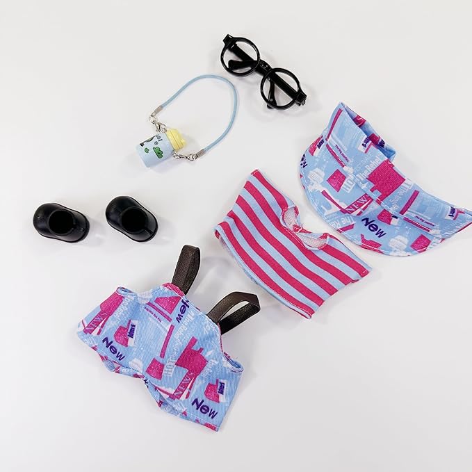 15-17cm Fashion Doll Clothes, Cool Overalls 6Pcs Doll Outfits and Accessories for Dress Up/Collectors (Hat + Top + Pants + Water Bottle + Glasses + Shoes)(No Dolls)