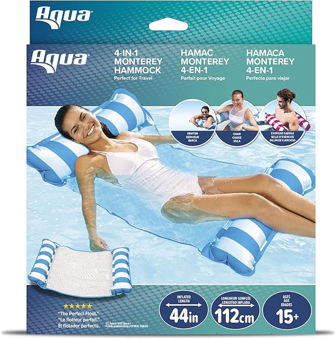 Aqua Original 4-in-1 Monterey Hammock Pool Float & Water Hammock – Multi-Purpose, Inflatable Pool Floats for Adults – Patented Thick, Non-Stick PVC Material – Light Blue