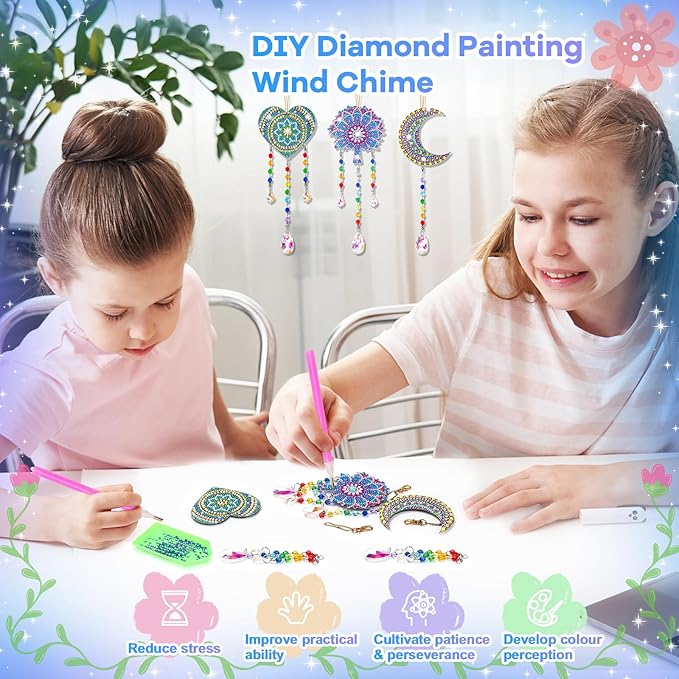 Diamond Art Kits for Kids Ages 6-12: Birthday Gifts for 7 8 9 10 Year Old Girls Teens Creative Arts & Crafts for Girls Boys DIY Wind Chime & Suncatcher Craft Kit Crystal Window Garden Decor Kit