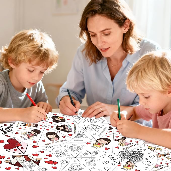 COcnny Valentine’s Day Christian Coloring Craft for Kids - 24 Sets Color Your Own Valentines Religious Art Cards, DIY Sweet Jesus Bible Wheel Paper for Church Sunday School Classroom Class Activities