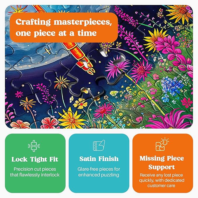 Cross & Glory - 1000 Piece Jigsaw Puzzle for Adults | Lunar Symphony: The Dragonfly’s Tale | Best New Enchanted Nature Puzzle | Vibrant Nighttime Artwork| 20x27 Inches | Flower Puzzle