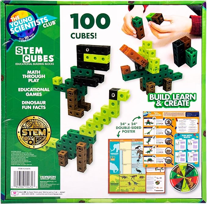 The Young Scientists Club Dinosaur STEM Cubes, Build, Learn & Create with 100+ Math Cubes Manipulatives, 2-in-1 Educational Games, Math Cubes for Kids Ages 4-8, Awesome Learn Through Play Toys Multi
