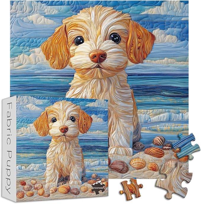 Beach Dog Puzzles 1000 Pieces for Adults, PICKFORU Fabric Art Patchwork Quilt Jigsaw Puzzles, Summer Seaside Puppy Theme as Home Decor