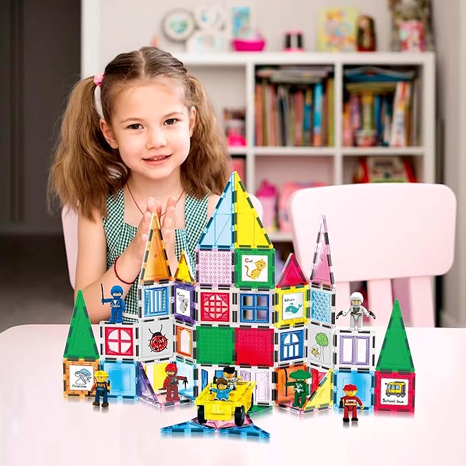 PicassoTiles 100PC Magnetic Tiles Construction Building with Carrying Case Included Block Set with Car, 8 Sets of Characters and Base Whiteboard Marker Playset Toy Kit for Boys & Girls Ages 3+ PB01