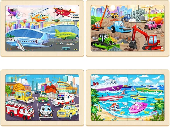 24 Piece Wooden Vehicle Jigsaw Puzzles for Kids 3-5, 4 Packs Transportation Puzzle with Storage Tray, Construction Excavator, Fire Truck & Airplane STEM Learning Toys, Birthday Gift for Kids Ages 3-8