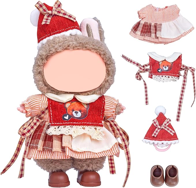 Clothes for Labubu 17cm Doll (NO Doll), 4 Piece Labubu Clothes Set, Cute Labubu Outfits with Accessories, Handmade Crochet La Bubu Doll Dress Up Set（Party Bear）