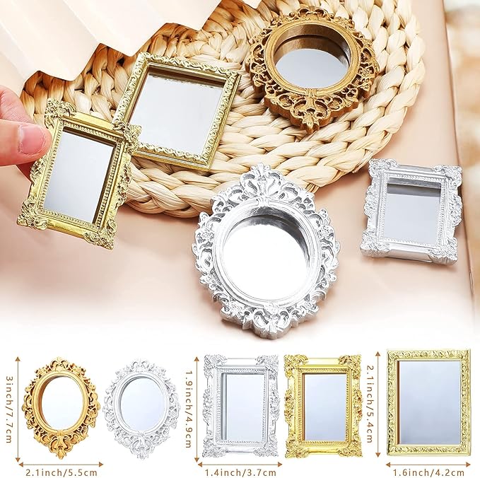 5 Pieces Miniature Dollhouse Mirror European Frame Mirror Dollhouse Victorian Baroque Wall Decor Miniature Bedroom Mini Furniture Accessory for 1/12 Dollhouse Decor, Gold and Silver