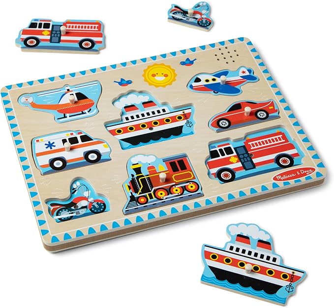 Melissa & Doug Vehicles Sound Puzzle - Wooden Peg Puzzle With Light-Activated Sound Effects (8 pcs) Puzzles for Toddlers, Wooden Puzzles For Kids Ages 2+
