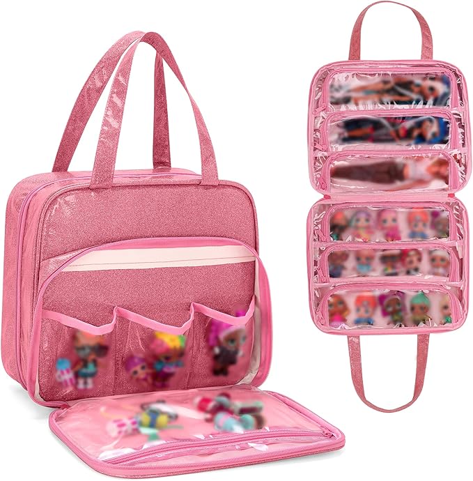 LoDrid Doll Tote Carrying Case Compatible with LOL Surprise Dolls All, Hanging Organizer Storage Bag with 6 Clear Window Pockets, Bag Only, Pink,(Patent Design)