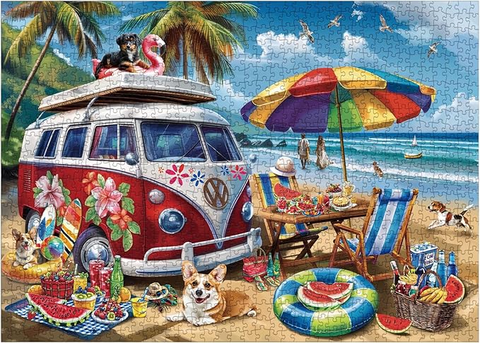 Summer Beach Ocean Puzzle for Adults 1000 Pieces, Funny Dog Seaside Camping Jigsaw Puzzle, Hawaii Nature Scenery Puzzle for Home Decor