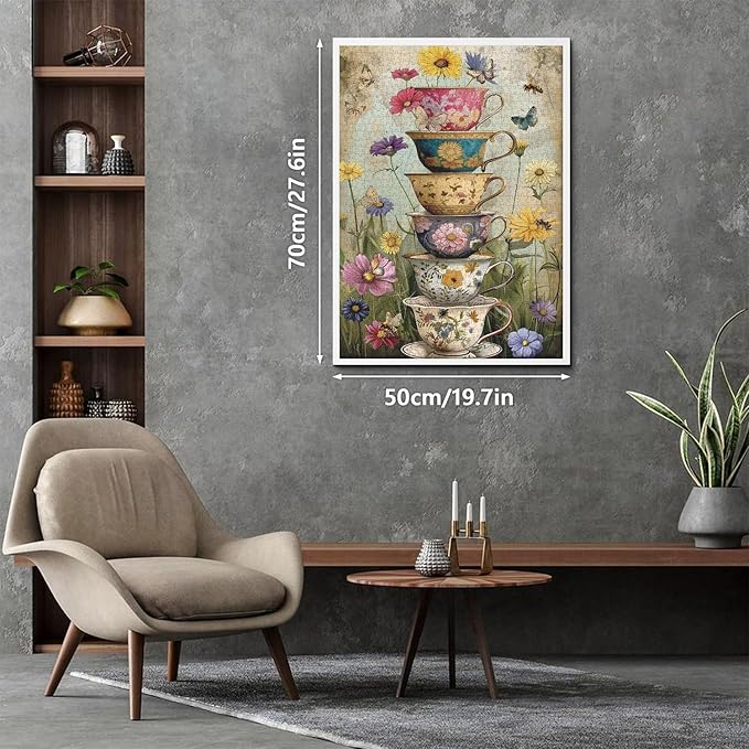 Vintage Flower Cup Puzzle for Adults 1000 Pieces, Nature Challenging Spring Floral Plant Puzzles, Retro Cups Garden Puzzle with Butterfly and Bee as Home Wall Art Decor