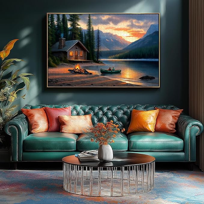 Blueforest Mountain Lake 500 Piece Puzzle for Adults - Log Cabin Panoramic Therapy Jigsaw Puzzle, Challenging Forest Landscape Framable Art Gift (23"x15") - Recycled Material