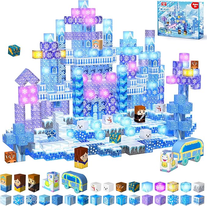 200 PCS Magnetic Blocks with Light Up Blocks - Transparent Magnetic Building Block for Kids Age 3+, Magnet Cubes Blue Castle, Magnets Toys Easter Birthday Gift for Boys Girls 4 5 6 7 8 9 10 11 12+